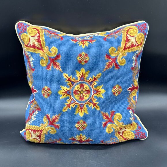 Tommy Hilfiger Home Needlepoint Pillow Blue Gold Decorative Cushion 16"x16" - Picture 2 of 8